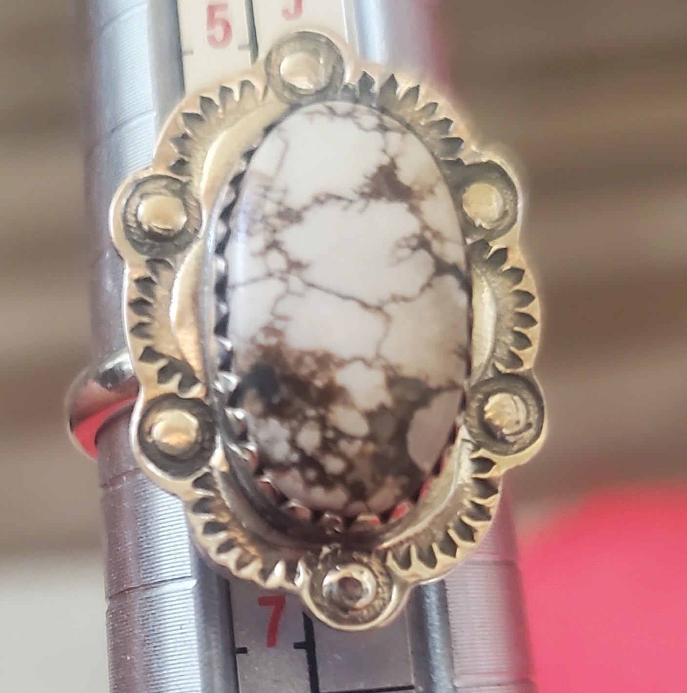 925 Sterling Silver Natural White Horse Turquoise Bezel Ring Size 6