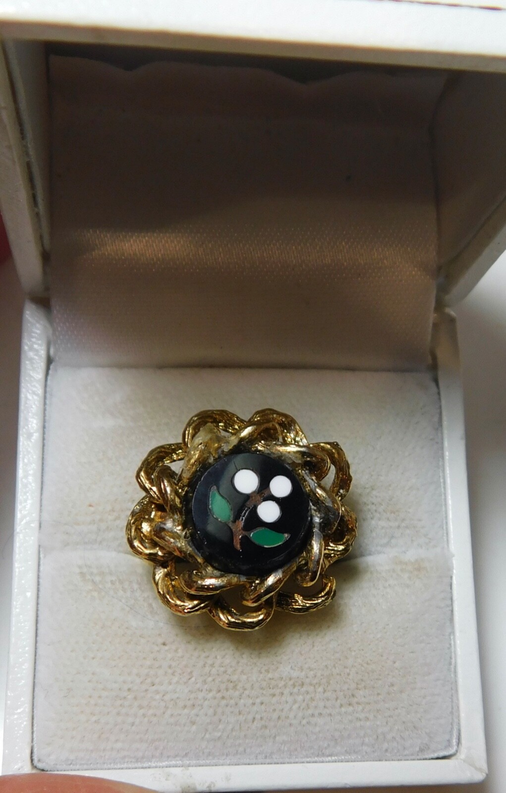 Vintage Real Pietra Dura Mosaic Black Onyx gold tone Adjustable Ring 4f 7
