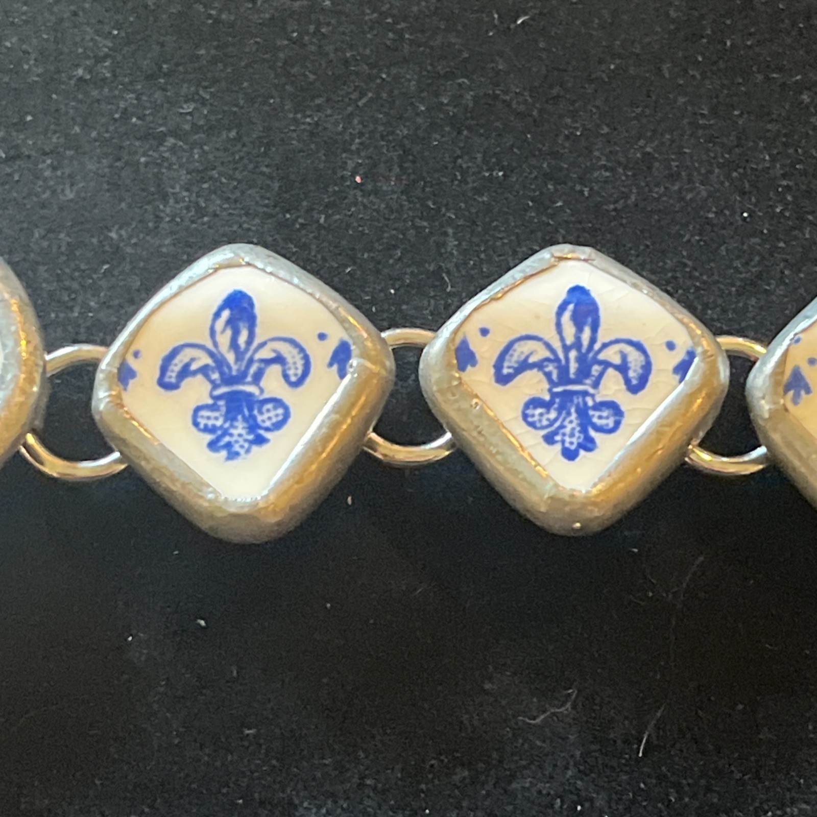 Vtg Spode Fleur De Lis Copeland Bracelet Sterling Silver Ceramic Blue White Rare