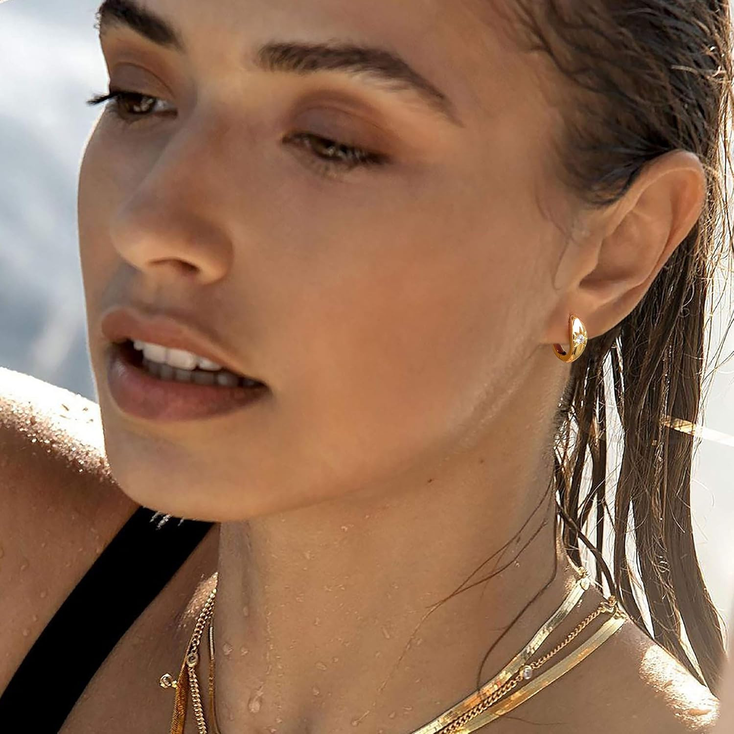 Chunky Huggie Hoop Earrings for Women Starburst Beaded Styles | 18K Gold Plated