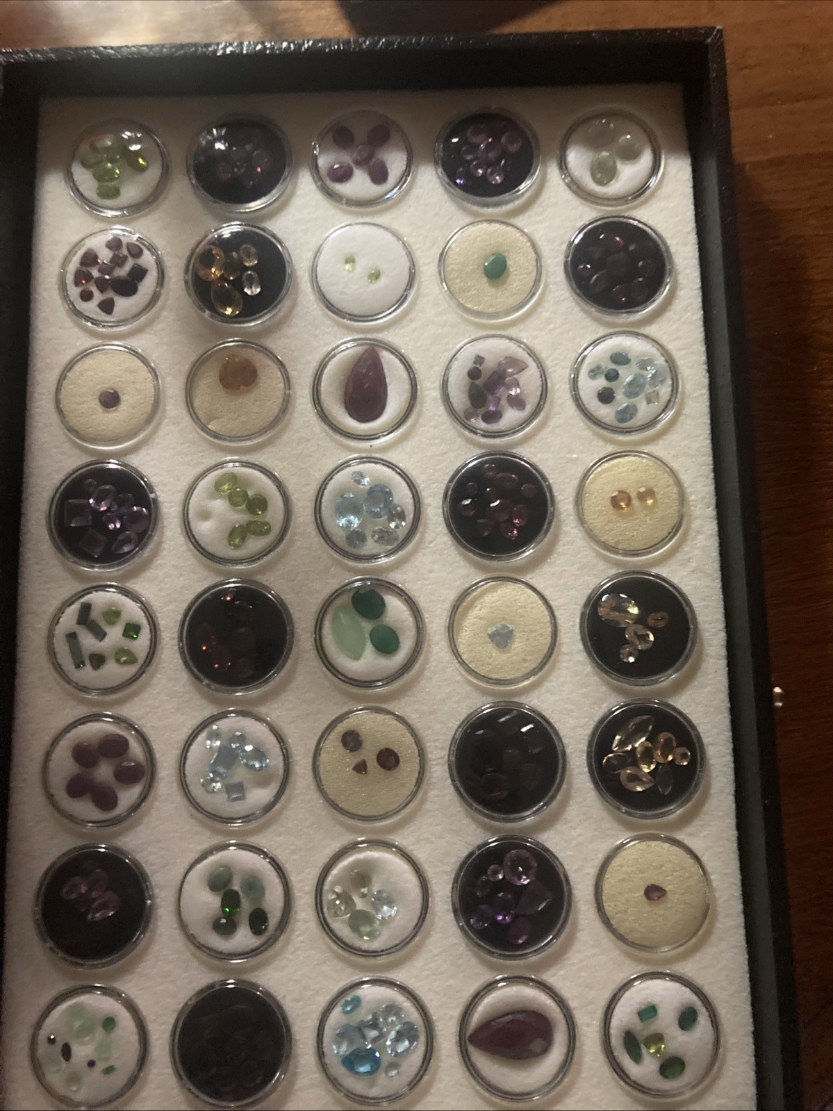 Assorted Multicolor Cut Loose Gemstones in Display Case, Gems In 100 Capsules