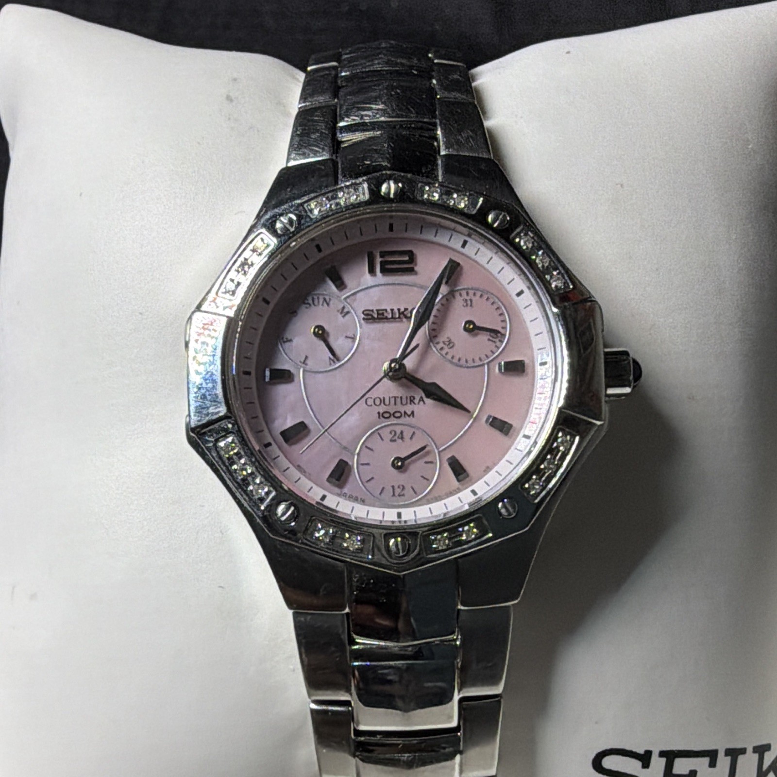 Seiko Coutura Women’s Pink Mother of Pearl Diamond Bezel 100M Quartz Watch