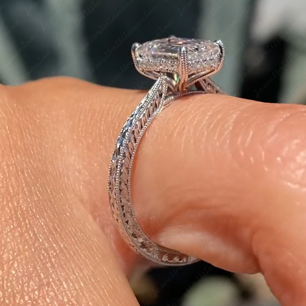 2.30Ctw Emerald Cut Moissanite Hidden Halo Vintage Style Engagement Wedding Ring