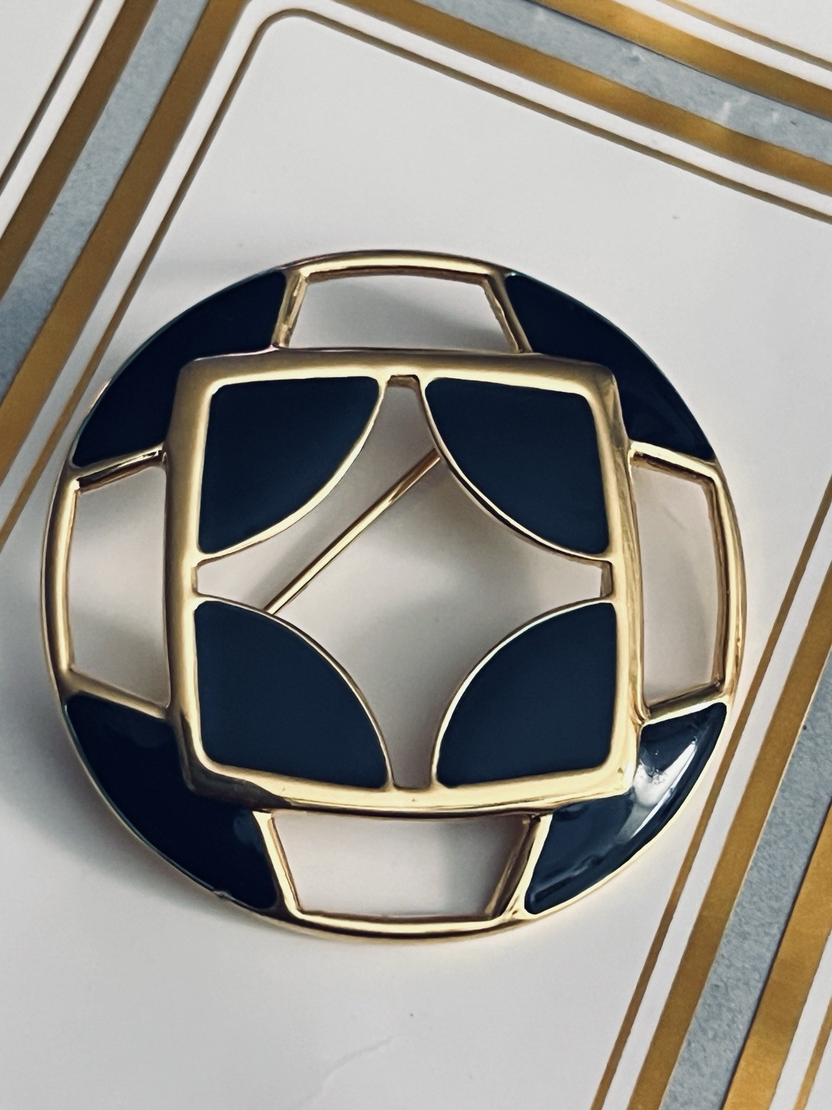 Vintage Monet Navy Blue Round Brooch Pin From Estate