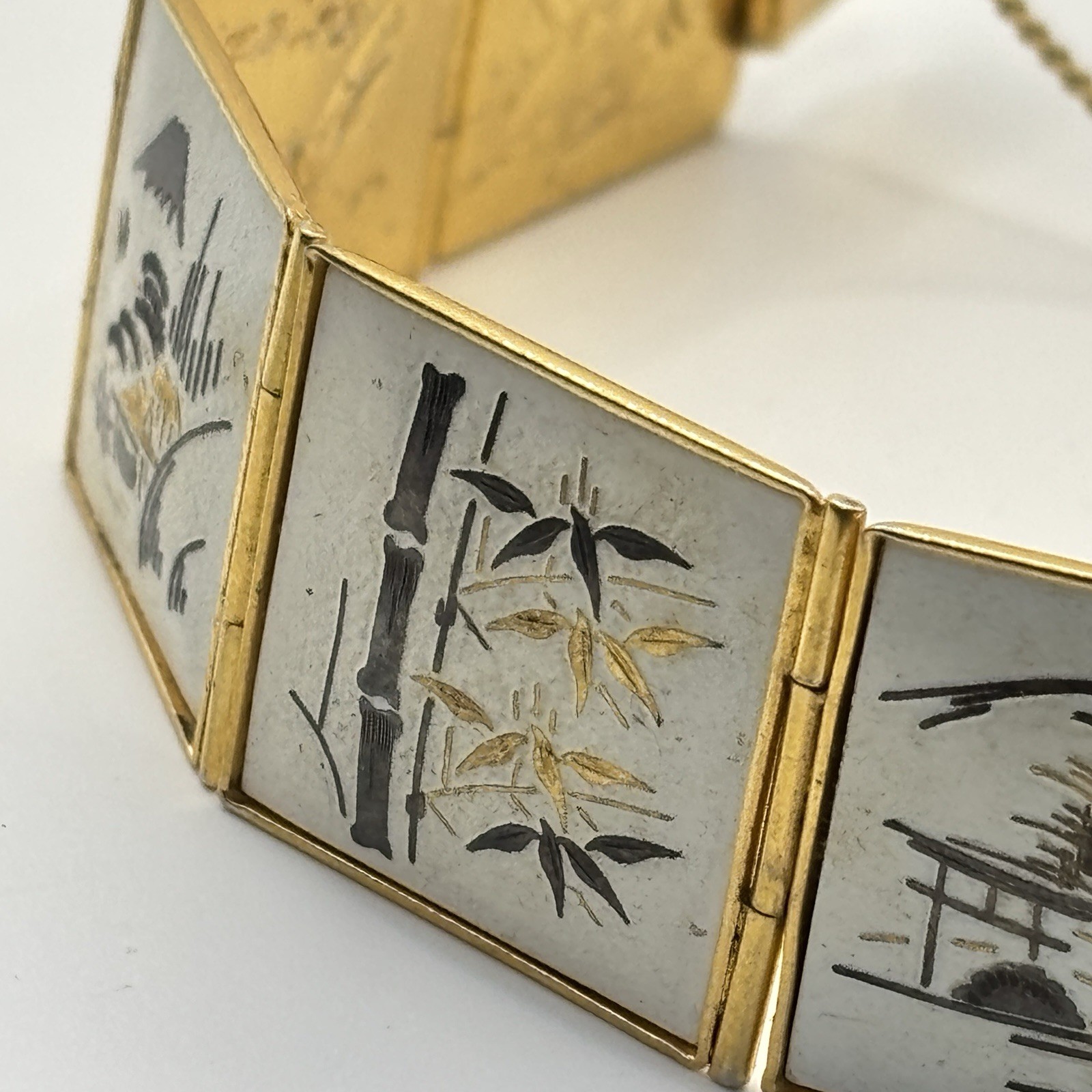Vintage Amita Japan Damascene Panel Bracelet Gold Tone Scenic Floral Bird Motif