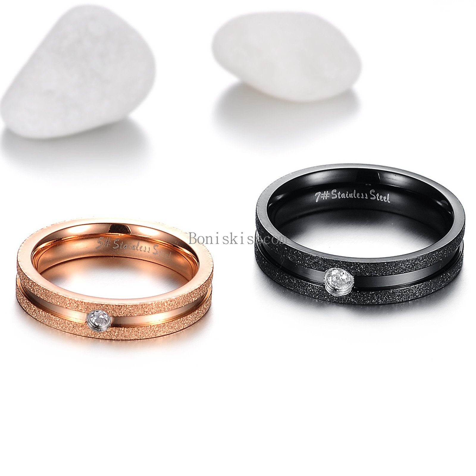 Dull Frosted Mens Black Ladies Gold Stainless Steel Couples Engagement Ring