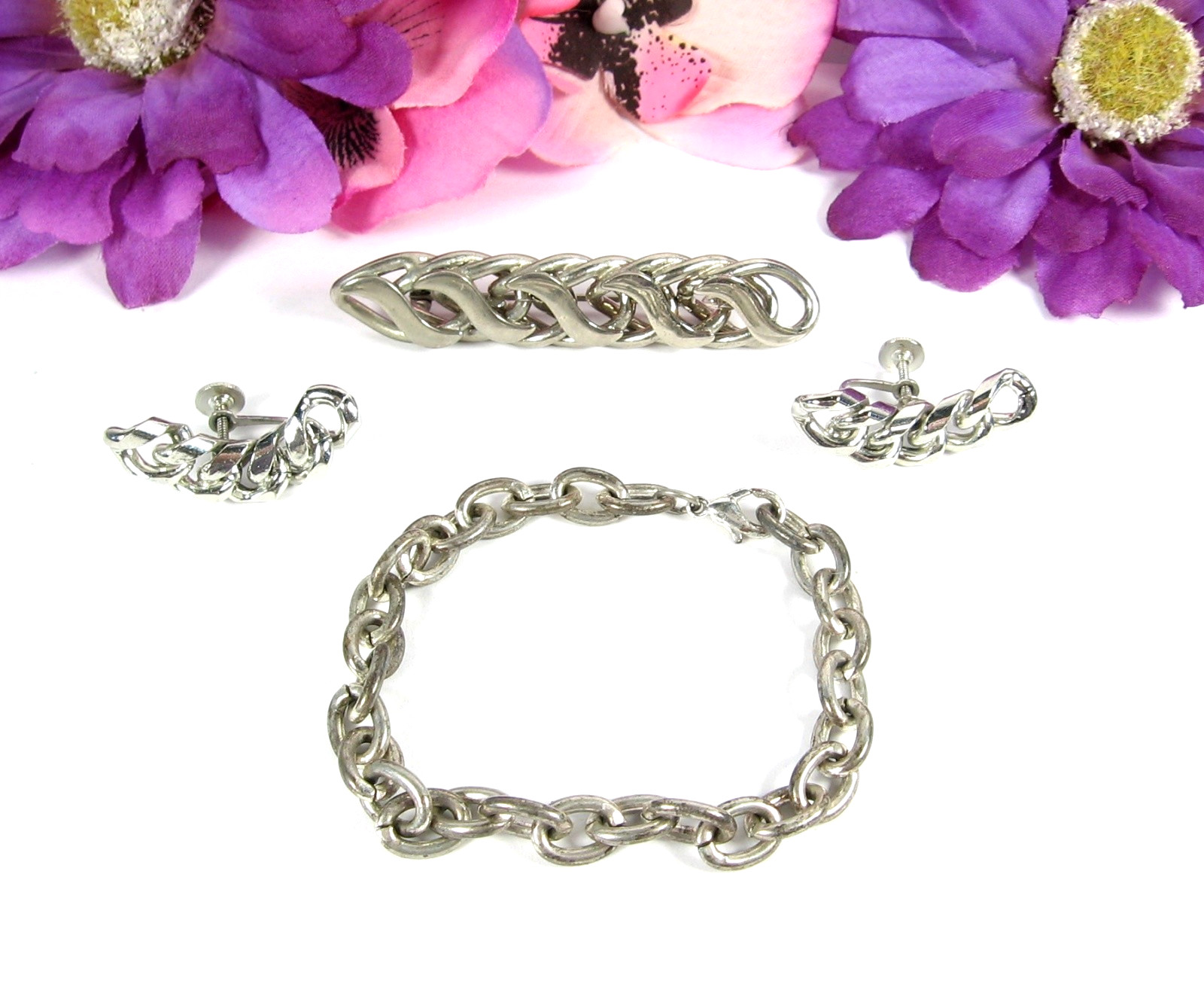 LOOPS & LINKS Vintage SET PIN BRACELET EARRINGS Screw Back Silvertone Chain
