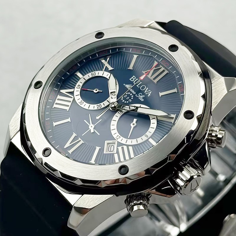 Bulova Marine Star 98B258 Blue Dial Black Rubber Strap Quartz Men’s Watch 44mm