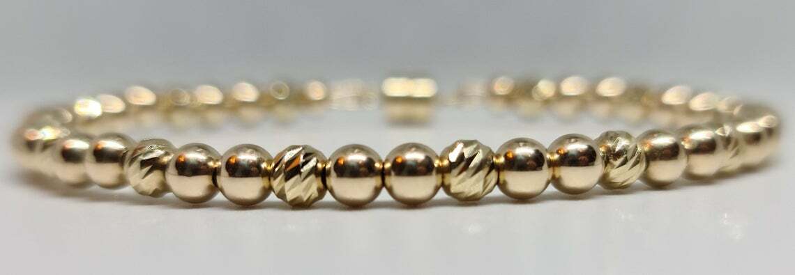 14K Solid Yellow Gold Bar Cut Faceted/Smooth Round 4mm Magnetic Unisex Bracelet