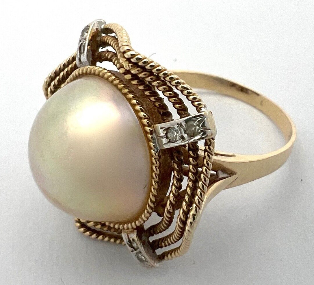 VINTAGE 8 DIAMOND & 12.4MM MABE PEARL 14K GOLD RING