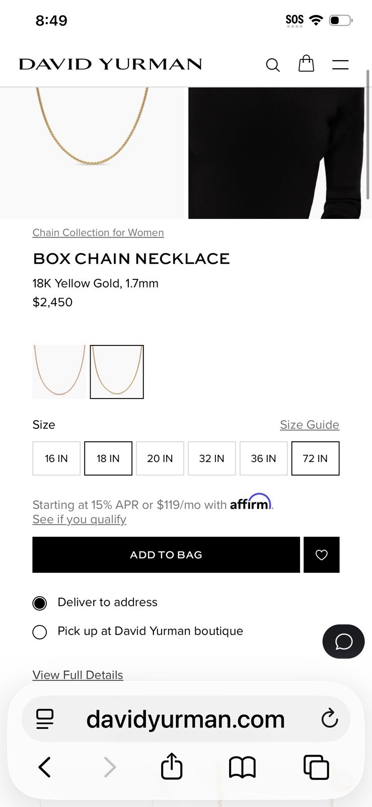 David Yurman 18k Yellow Gold Box Chain Necklace 1.7mm 16 17 18” Adjustable