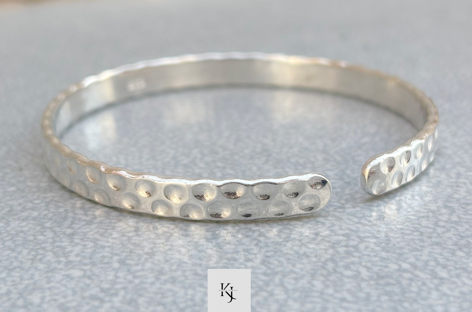 4mm Wide Hammered Open Cuff Bangle 925 Sterling Silver Handmade Mens Bracelets