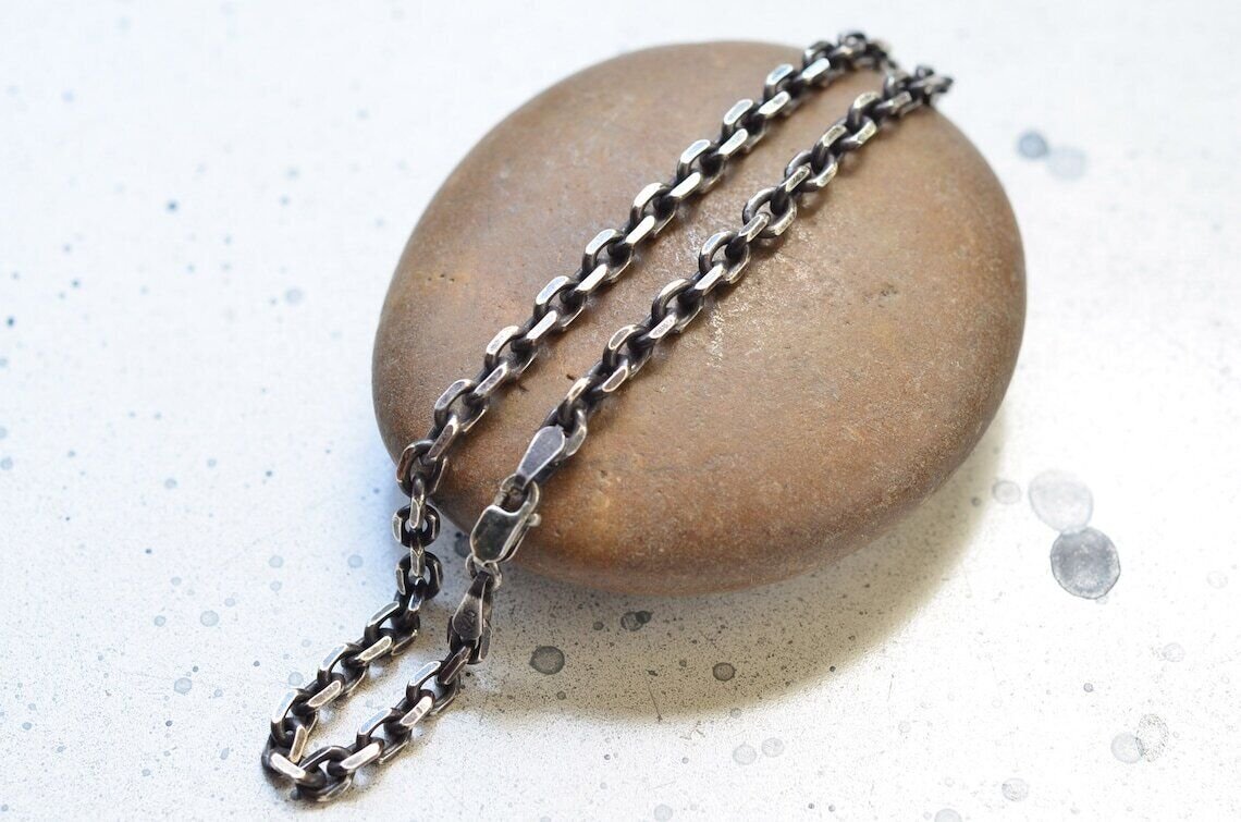 925 Sterling Silver 3.5Mmm Oxidized Anchor Link Cable Chain, Made In Italy, NEW