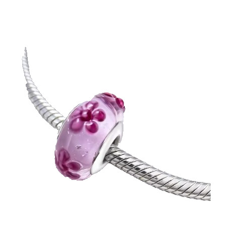 PINK FLORAL HANDPAINTED LAMPWORK GLASS STERLING SILVER CORE CHARM BRACELET BEAD