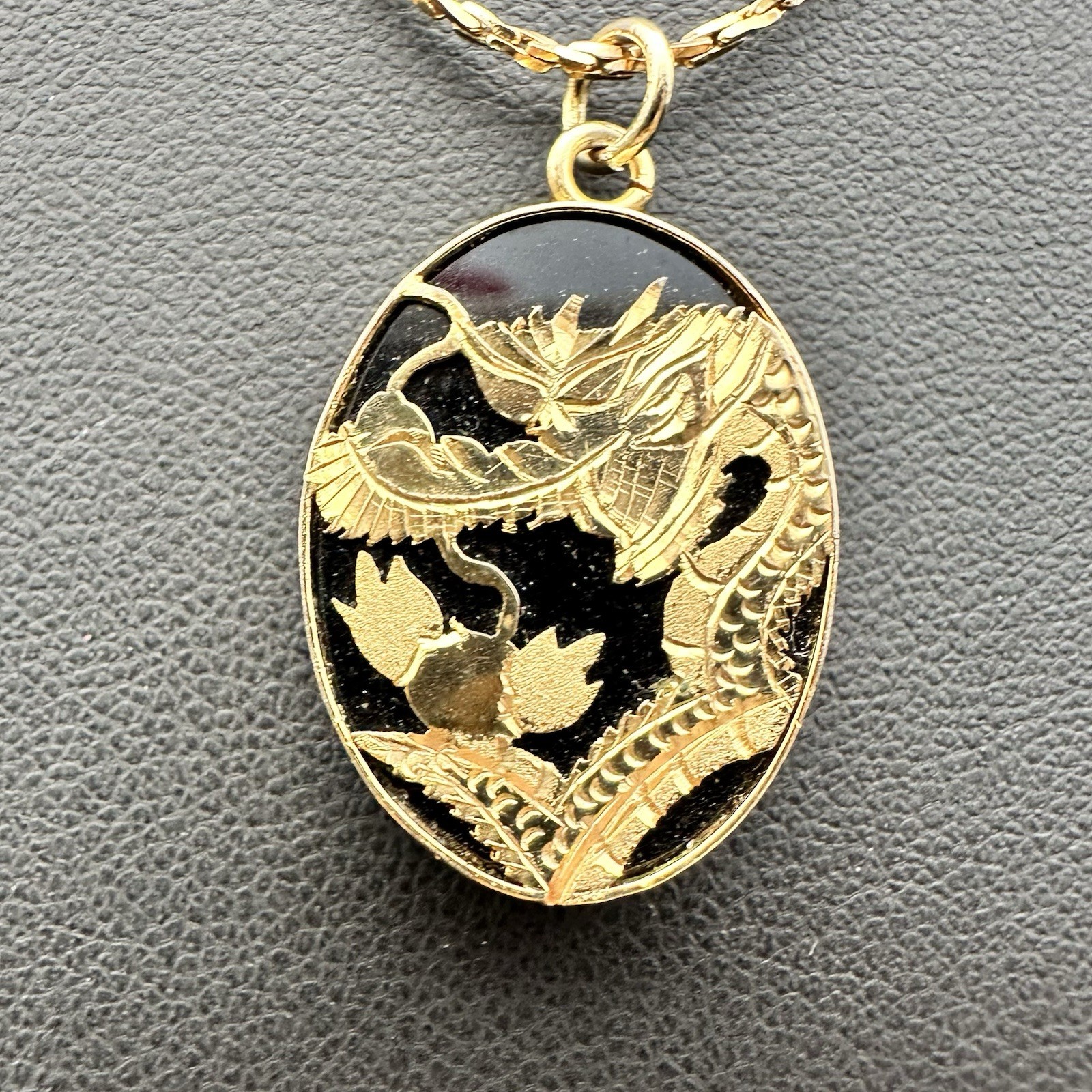Chinese Export Gold Dragon 24k Plated Necklace Black Glass Relief Vintage 22”