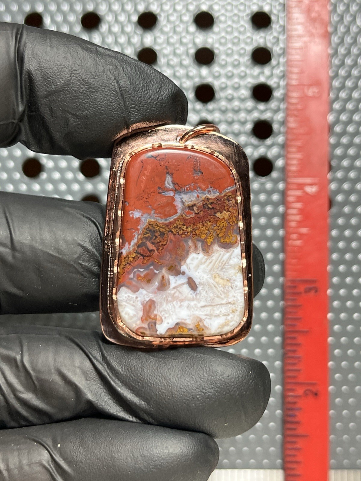 Red And White Moroccan Agate Hand Formed In Copper. Pendant Number 159