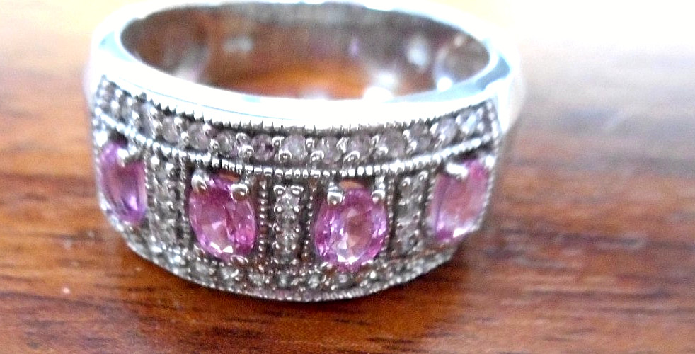 14K White Gold Pink Sapphire and Diamond Pave Band Ring Size 9 6.40 Grams-Vntg