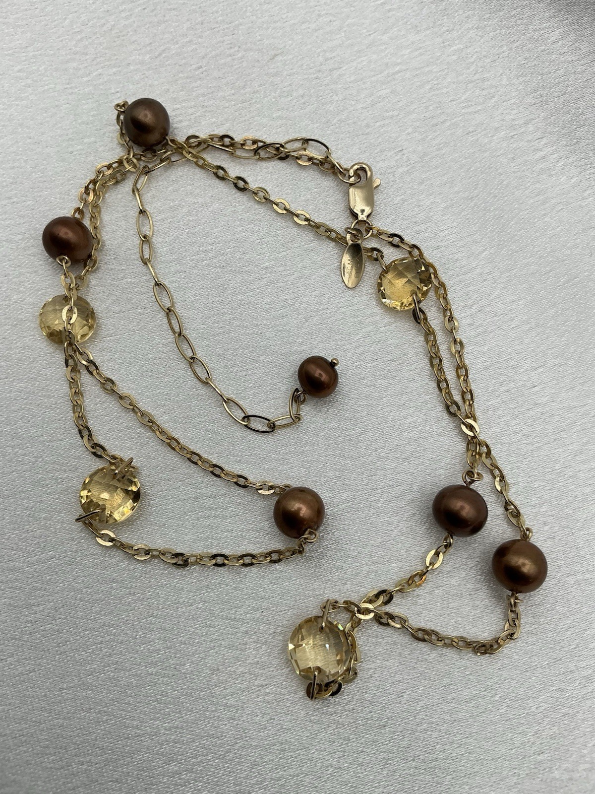 14K Gold Citrine & Pearl Station Necklace Jacmel Mauritius “Colors of Gold”