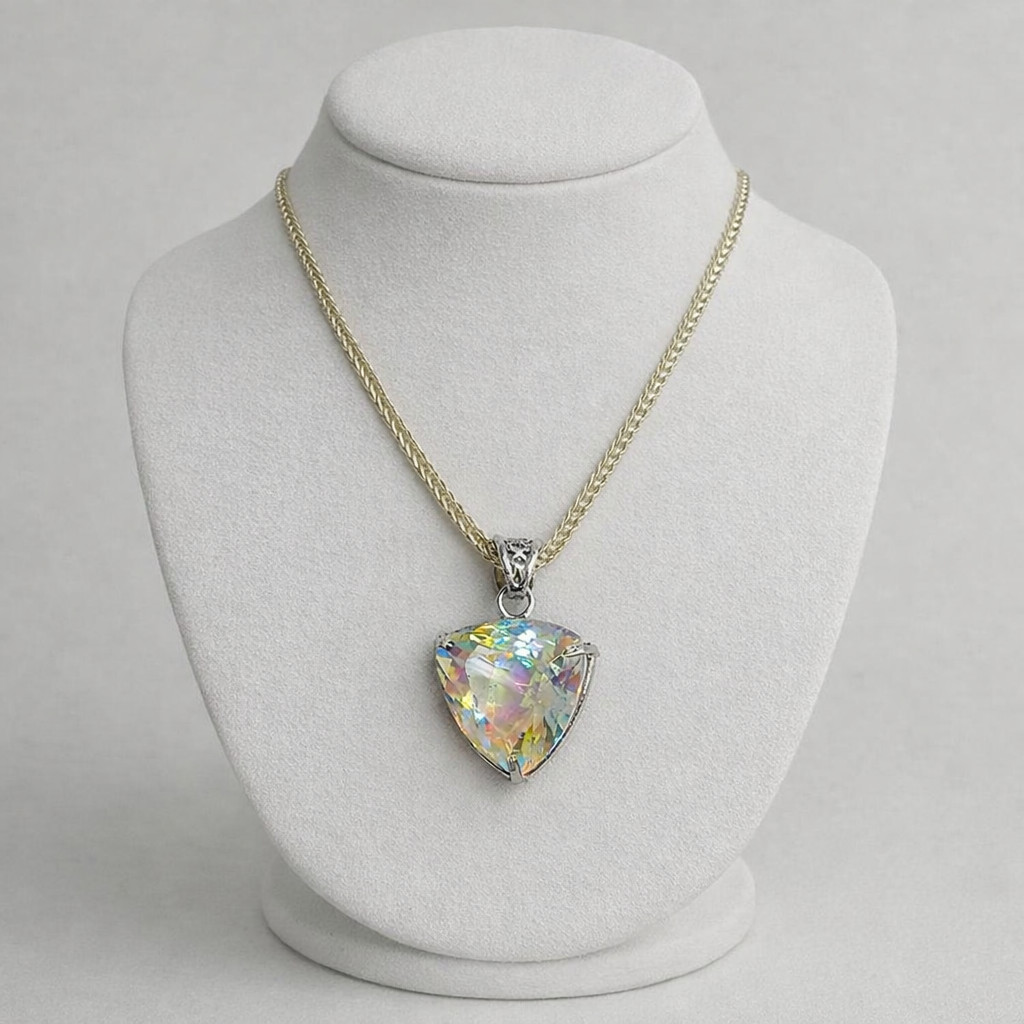 Handmade Trillion Mystic Topaz Pendant Necklace | 50-60 Ct Rainbow Crystal
