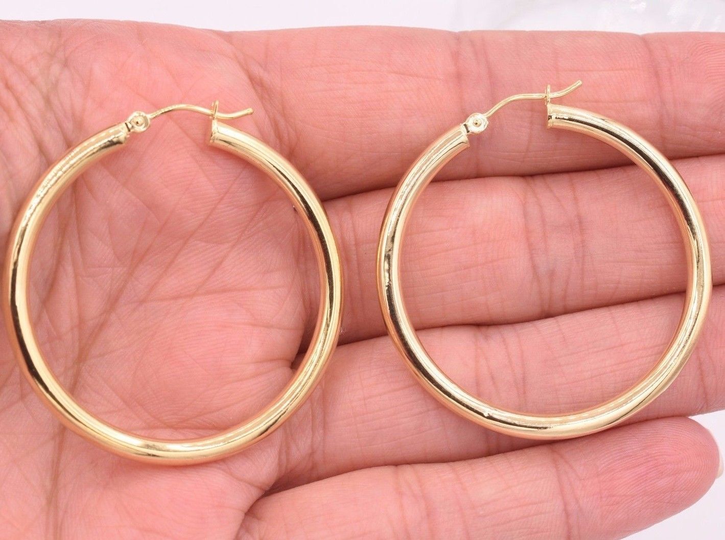 1 1/2″ 3mm X 40mm Plain All Polished Shiny Hoop Earrings REAL 14K Yellow Gold