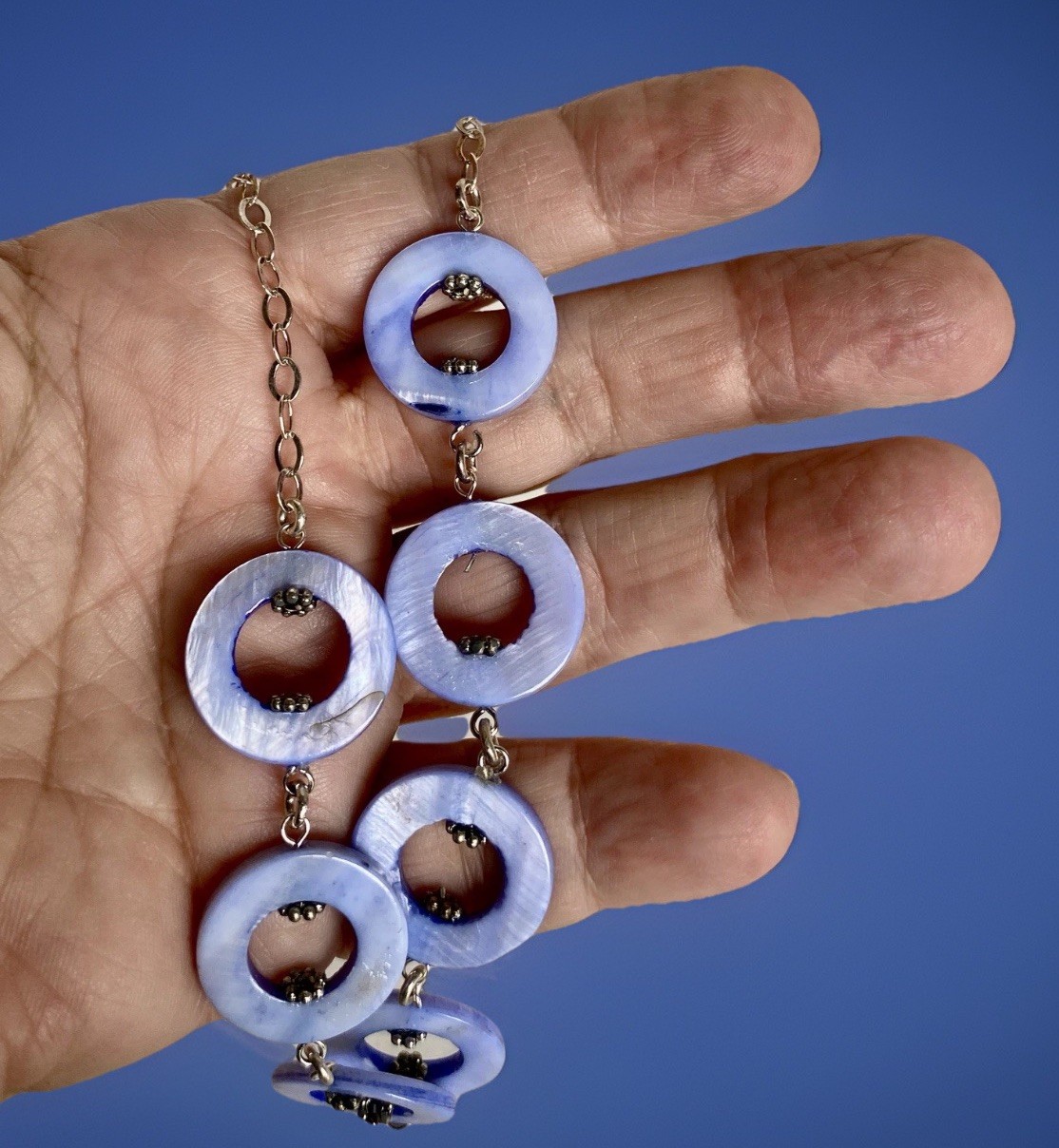 Periwinkle Blue Mother of Pearl Disc and Sterling Silver 925 Necklace 19″L