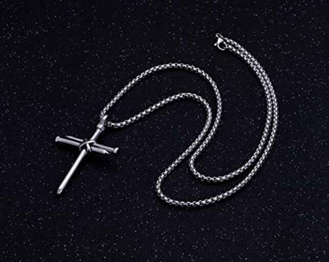 Men’s Stainless Steel Nail Cross Pendant Necklace 24 Inch Chain Polished Silver
