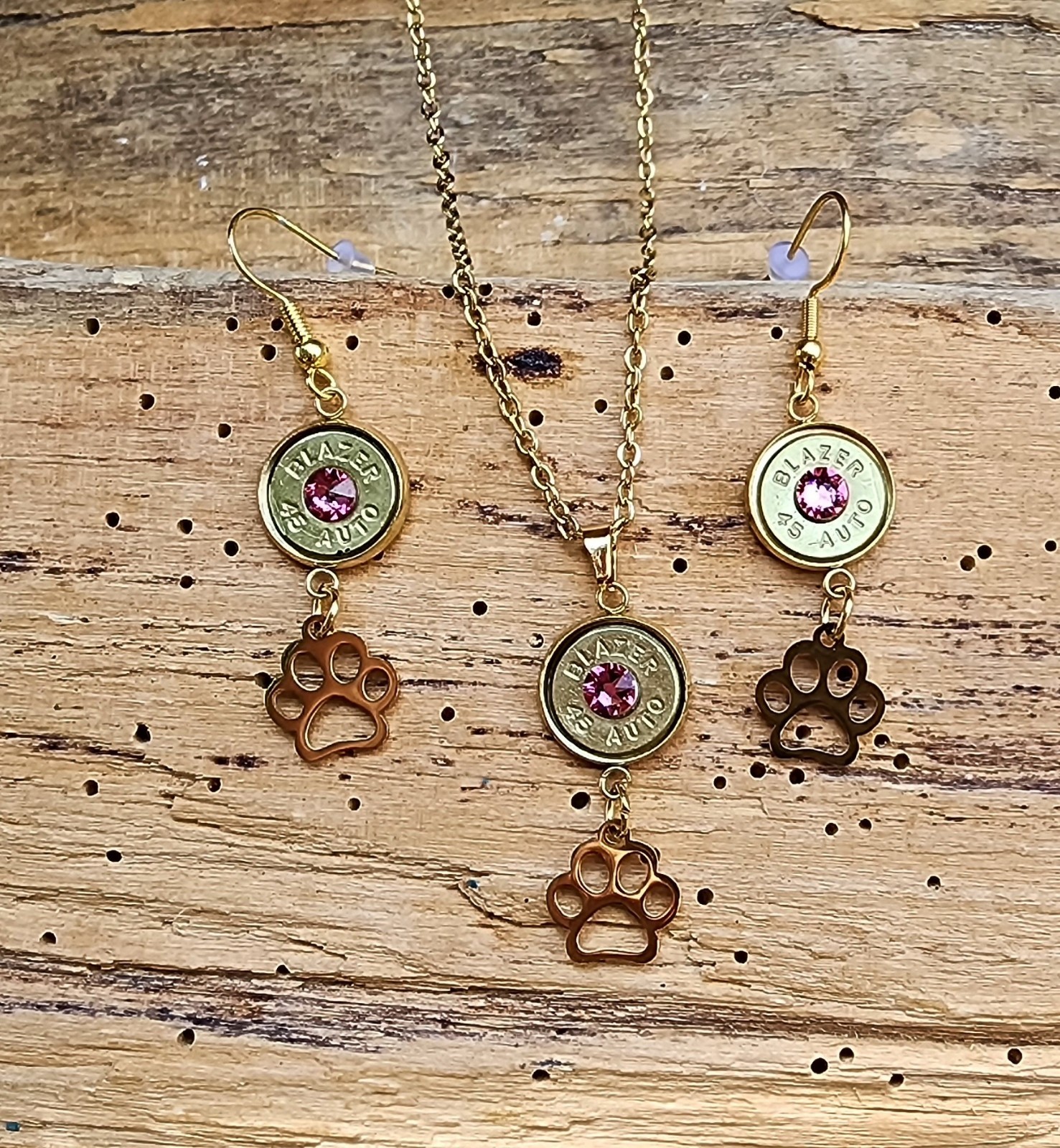 Gold Stainless Bullet Necklace and Earrings with Paw Charms. Optional Color