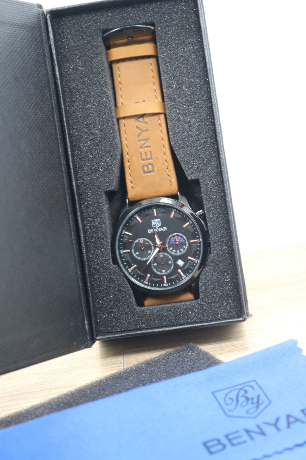 Benyar Moonphase Chronograph Men Watch Quartz Analog Casual Business Leather