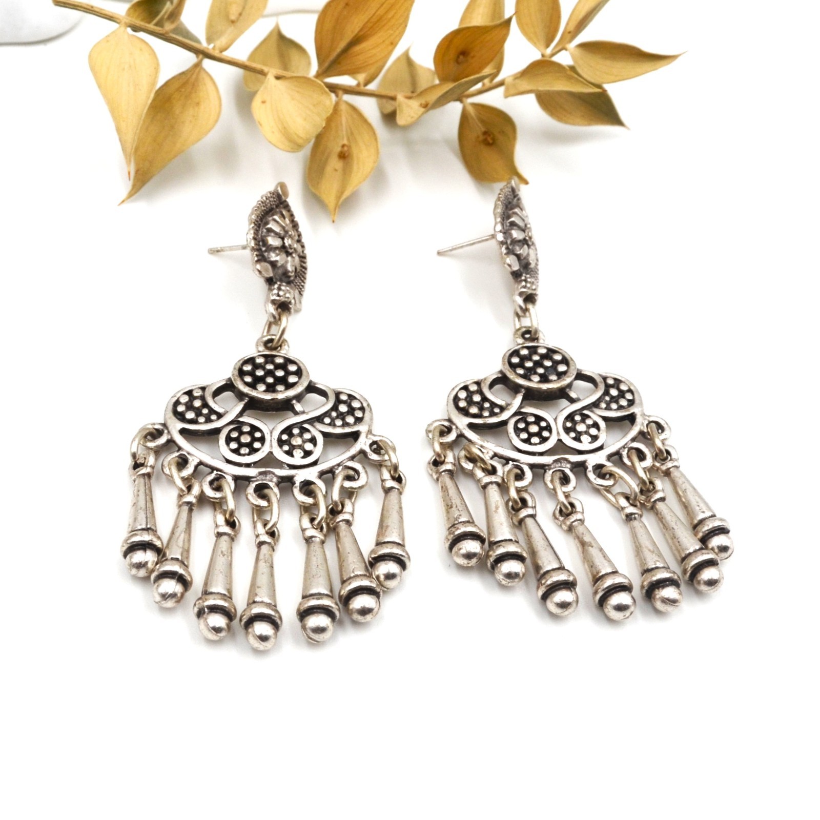 Boho Antique Silver Crescent Chandelier Fringe Dangle Ethnic Bohemian Earrings
