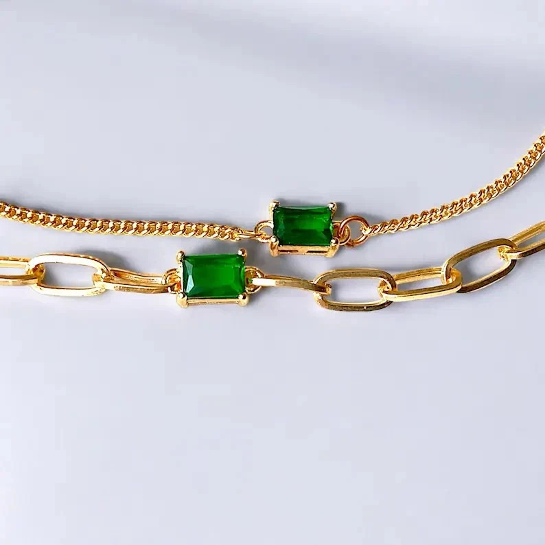 1 Ct Emerald Cut Simulated Emerald Paperclip Bracelet 925 Yellow Sterling Silver