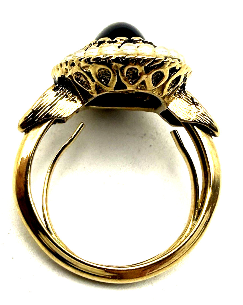 Vintage Avon Byzantine Style Faux Onyx & Pearl Gold Tone Cocktail Ring Size 4