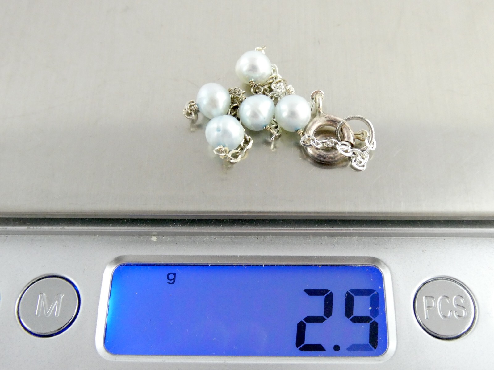 Sterling Silver Pale Blue Five Pearl Chain Bracelet 925 7 Inches Long 2.4 Grams