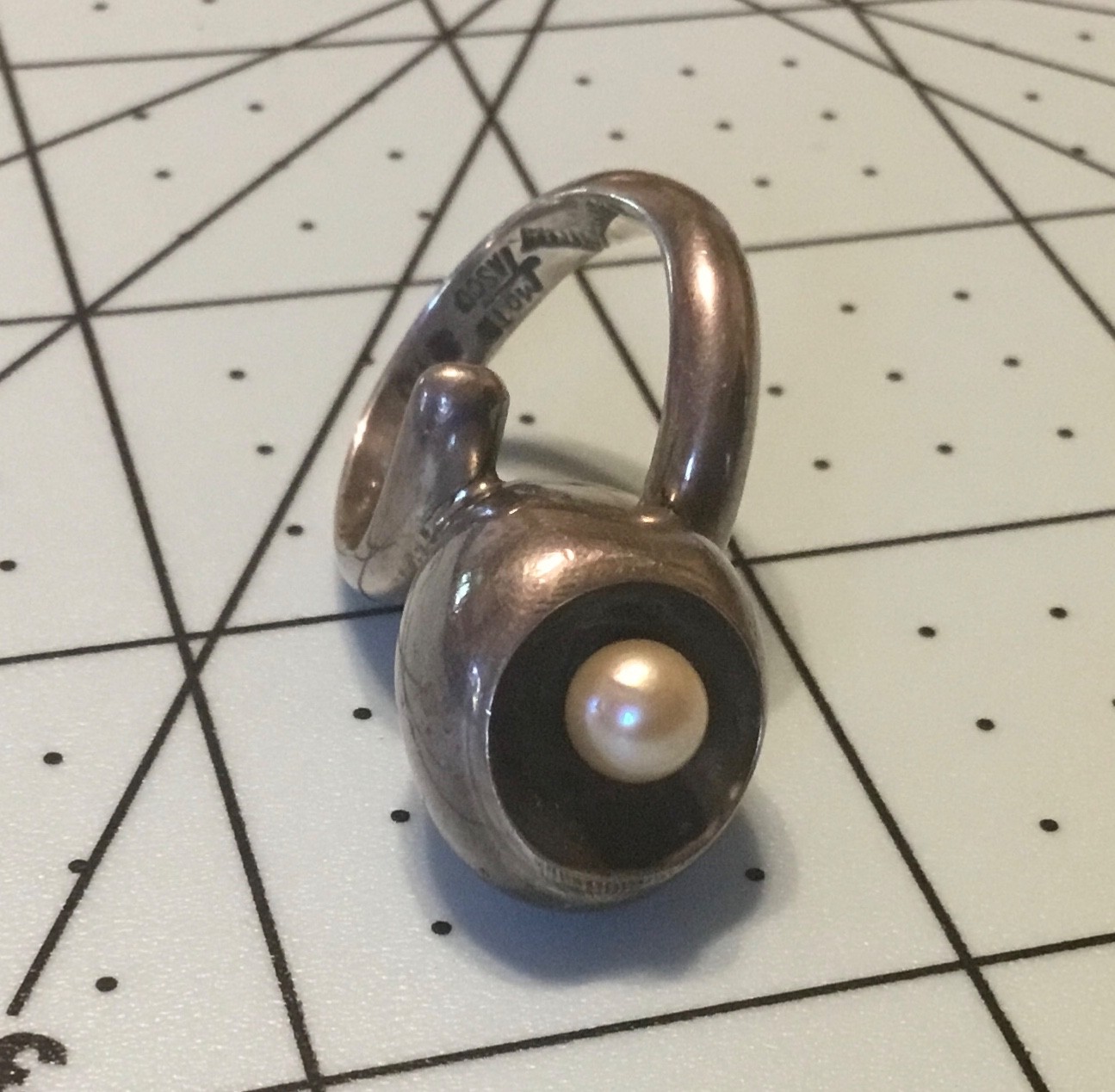 Antonio Pineda Biomorphic Sterling Pearl Ring 970, Mexico Taxco Size 6.25