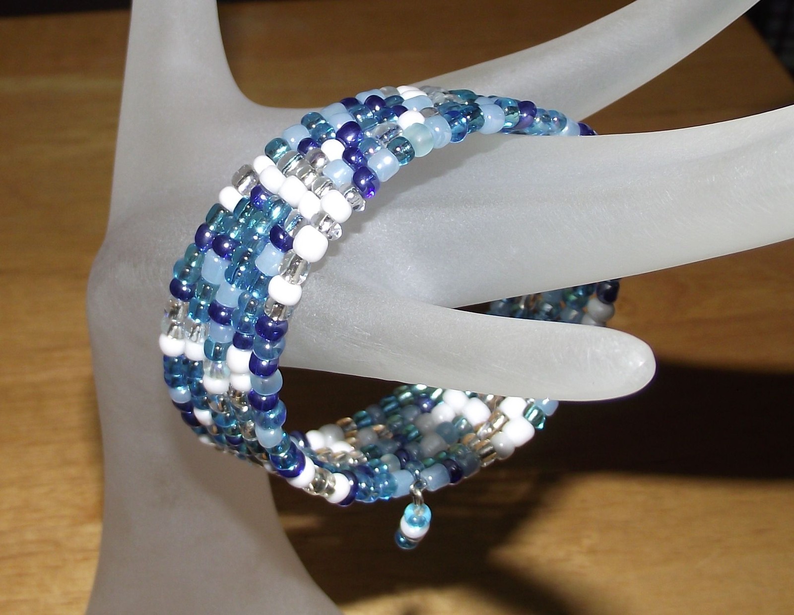 Mix of Blues White & Crystal Beaded Wrap / Coil Bracelet USA Made – Glass Beads