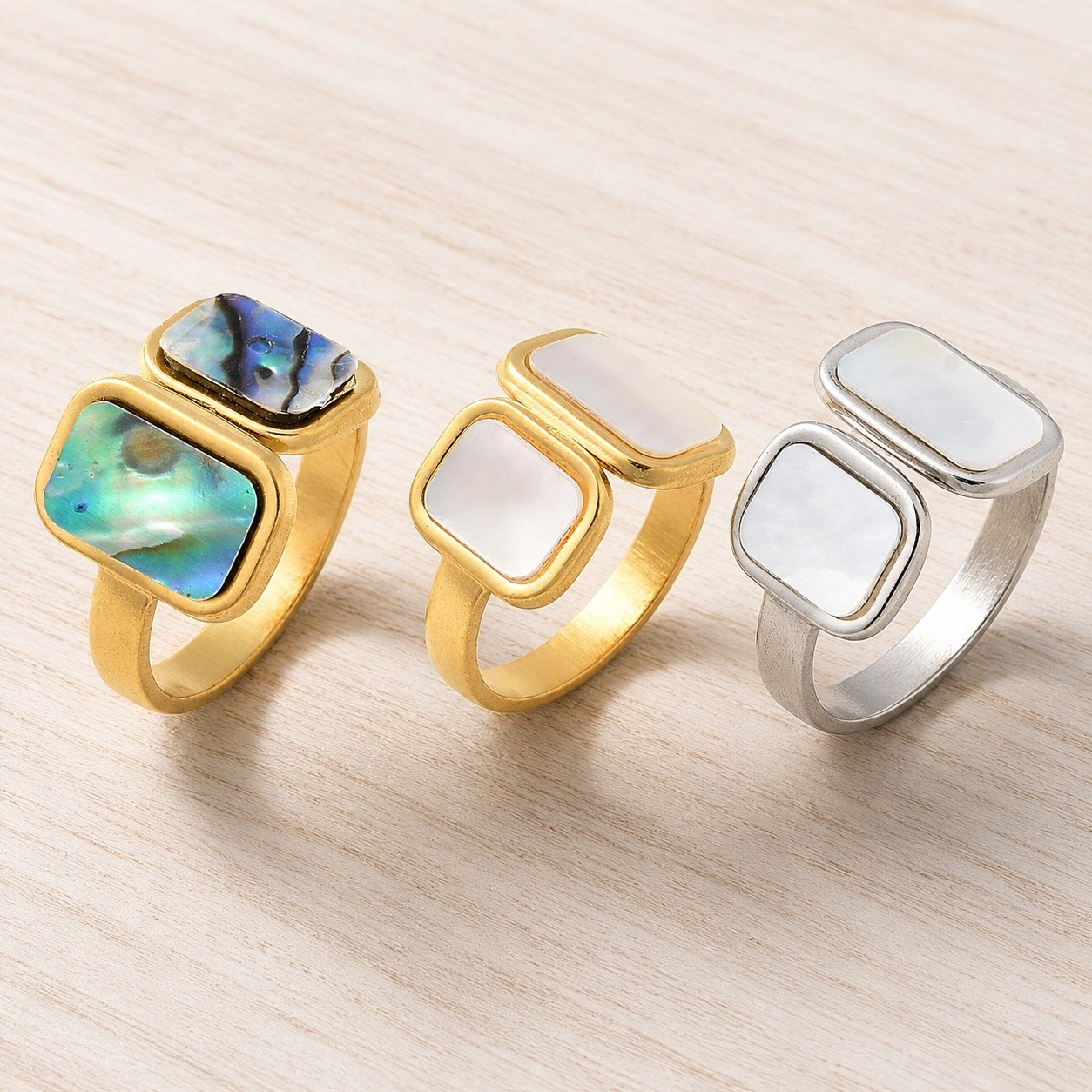 Cuff Ring Stainless Steel 18K Gold Plated Rectangle Shell Adjustable Silver R188