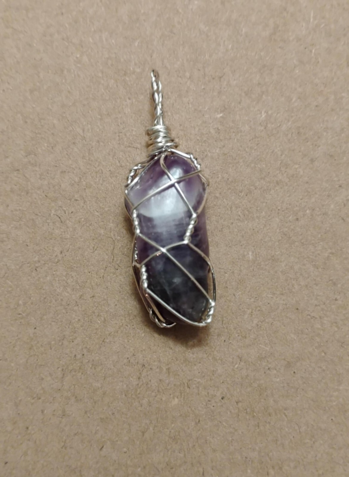 Natural Violet Amethyst Crystal Pendant Wrapped in Silver-coated Wire