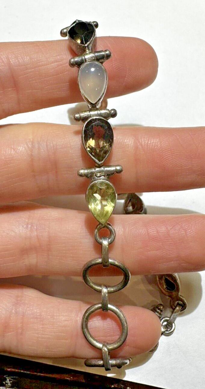 Vintage Silver Teardrop Smoky Quartz Citrine Black Onyx 8.5″ Bracelet DA5