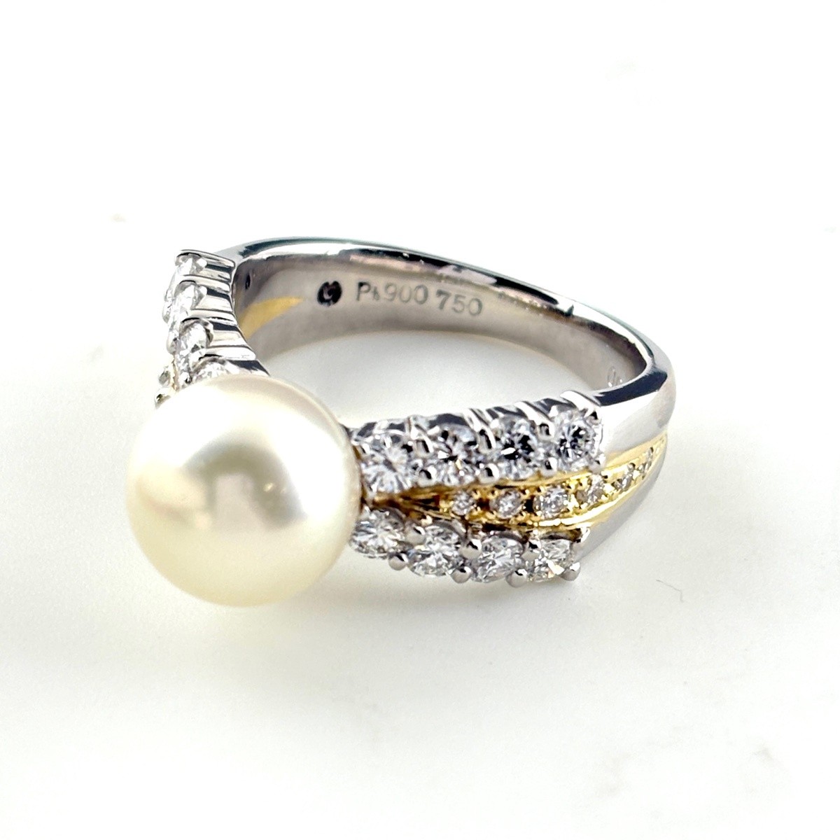 pearl design ring Platinum YG YellowGold ring melee diamond Pearl Ring Pt900…