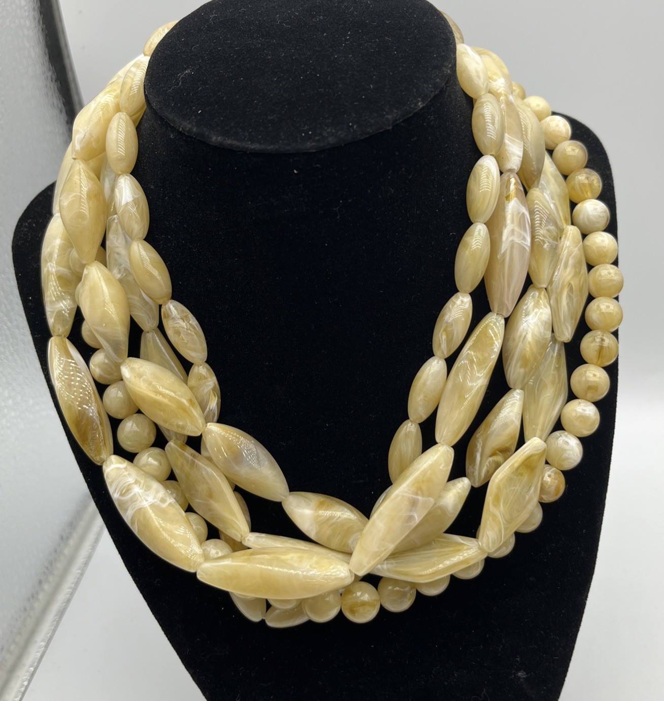 Multi-strand Chunky Acrylic Lucite Retro Bohemian Beige Statement Bead Necklace