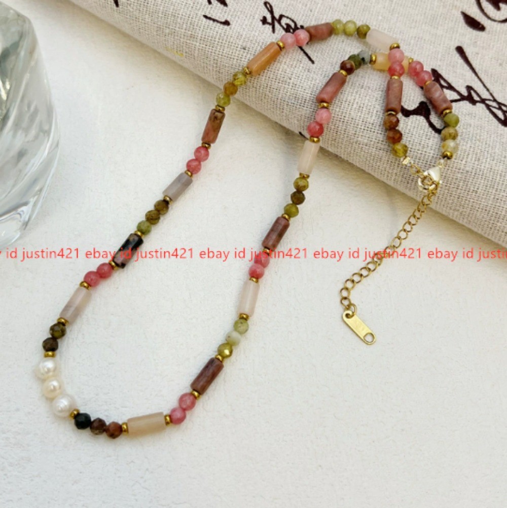 Natural Pearl Splicing Pink Strawberry Crystal Fresh and Sweet Necklace 41cm+6cm