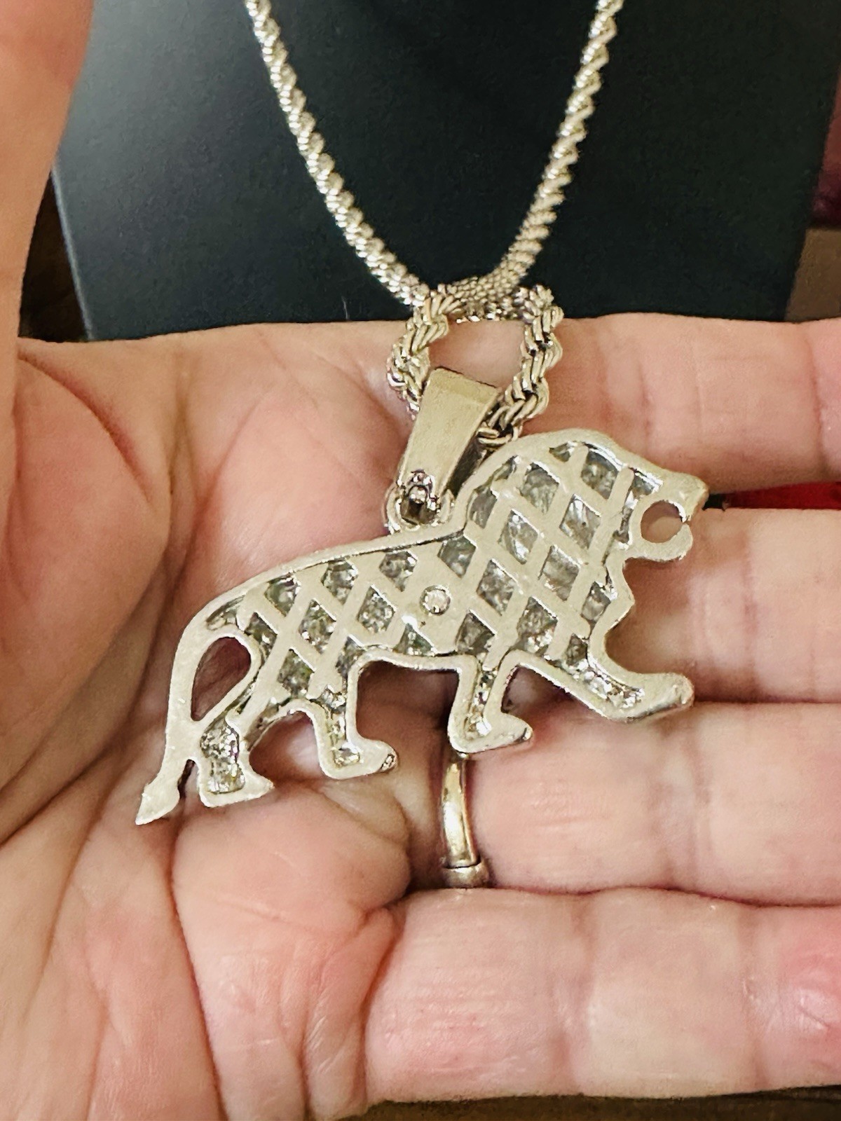 Silver Plated Cubic Zirconia LION Charm 4mm 24″ Rope Chain Hip Hop