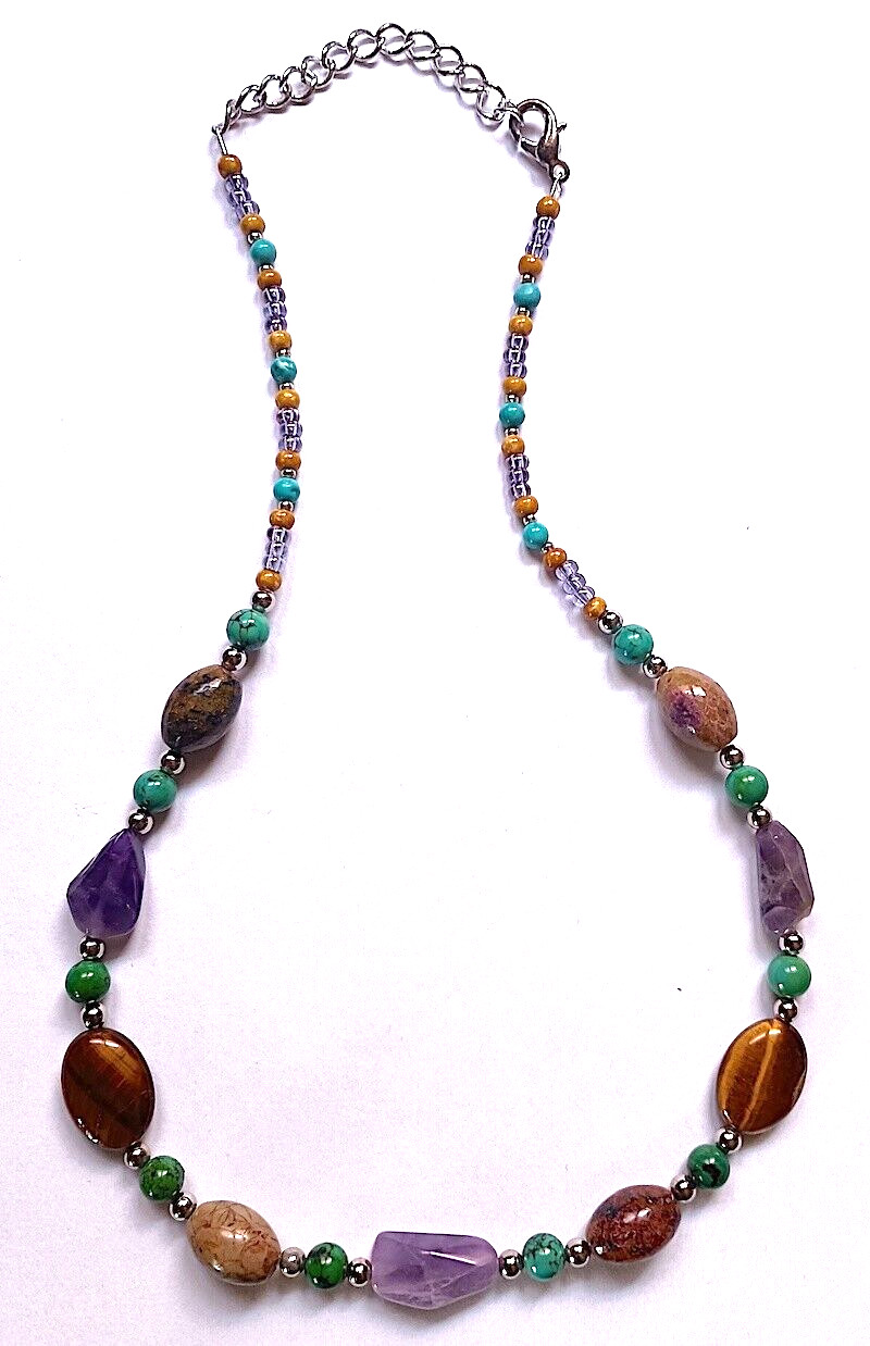 Necklace – Tiger Eye, Amethyst, Jasper, Other Bead Accents, Adjusts, 18 to 20″