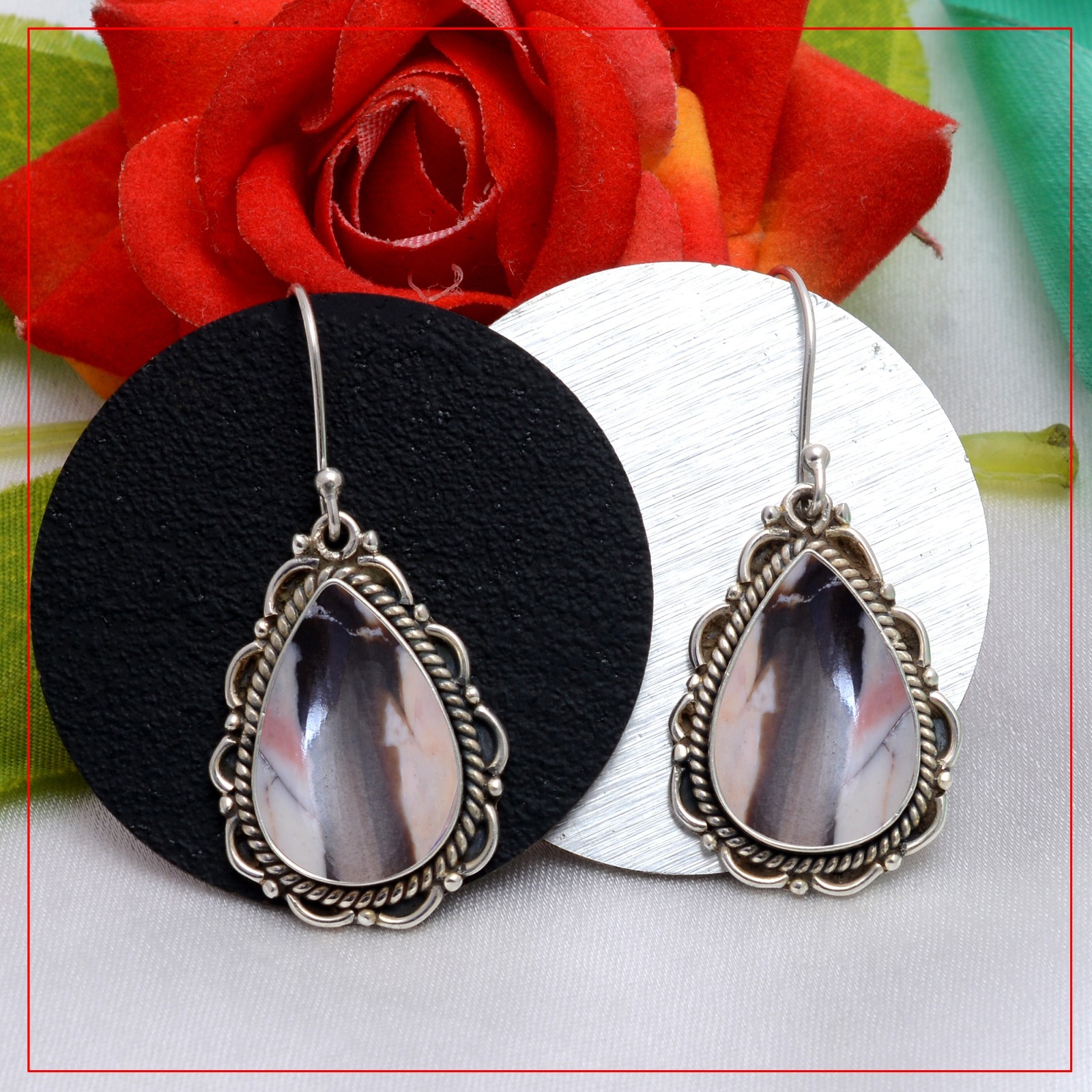 Peanut Wood Jasper 925 Sterling Silver Earrings Brown Beige Fossil Stone Jewelry