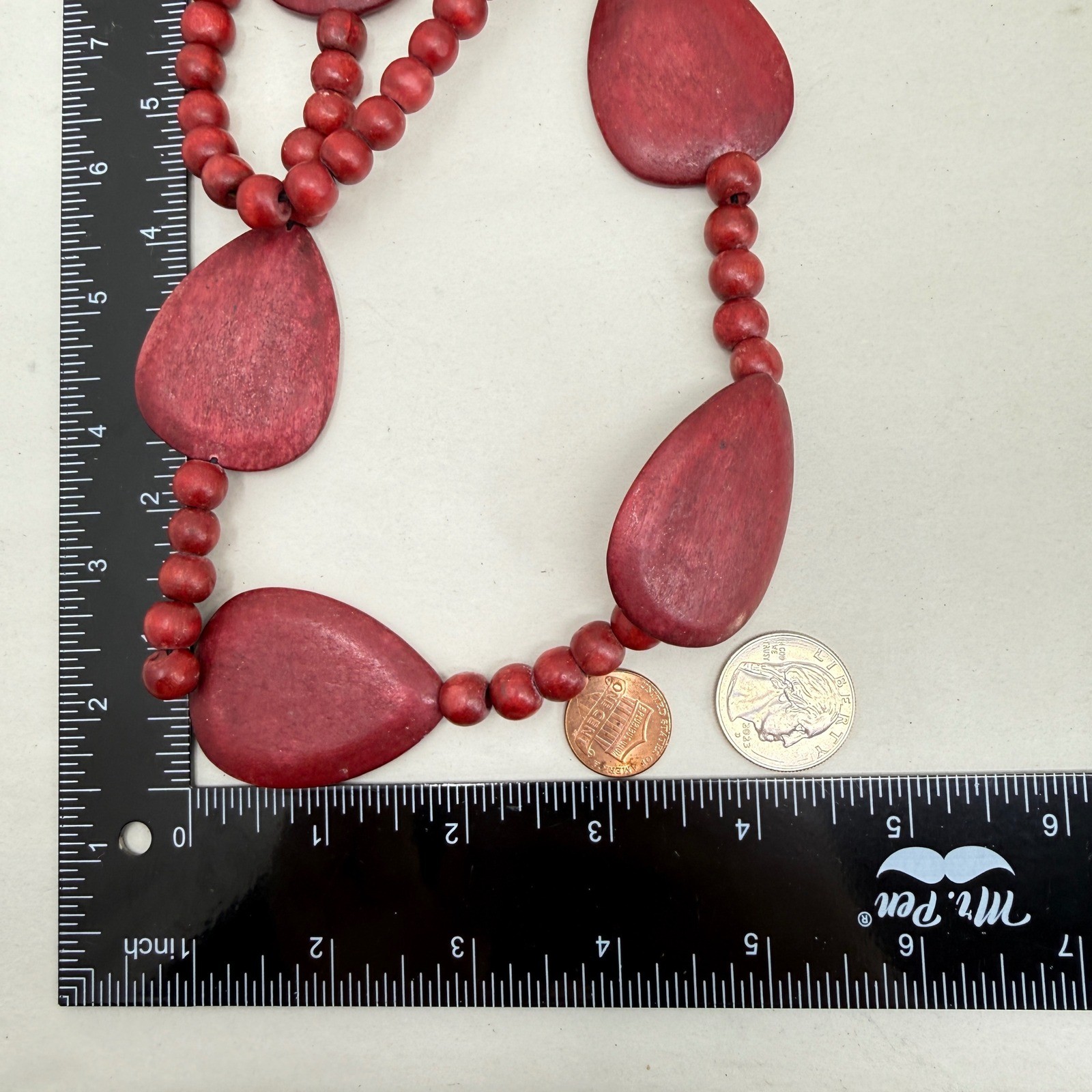 Wood Bead Long Necklace Teardrop Statement Boho Artsy Maroon Burgundy Red