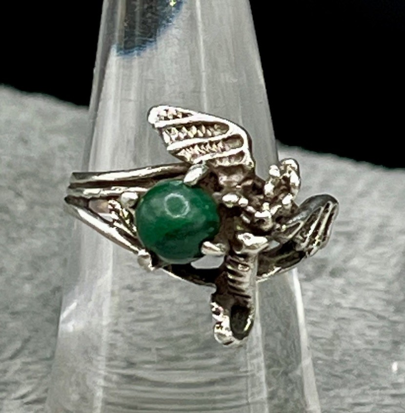 Sterling Silver 3-D Dragon Malachite In Talons Ring Fantasy Gothic Size 5.5