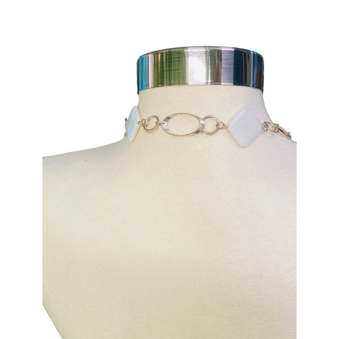 Silvertone and White Acrylic Square Necklace Overhead 34″ Lightweight