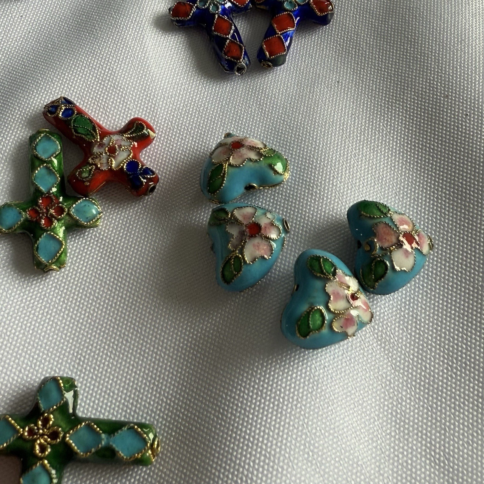 Cloisonne Cross & Heart Beads. 22 Total Beads. Approx. 19mm x 27mm Multicolor