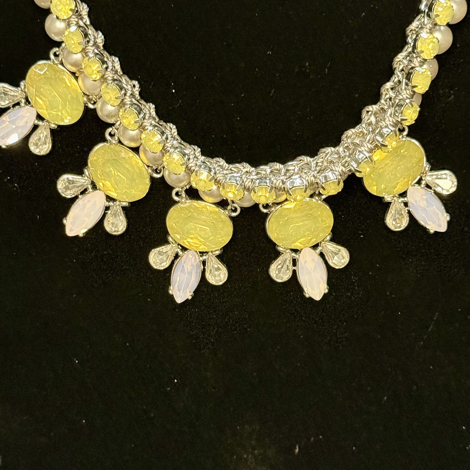 Ann Taylor LOFT Silver Tone Green Pink Rhinestone Collar Necklace Statement