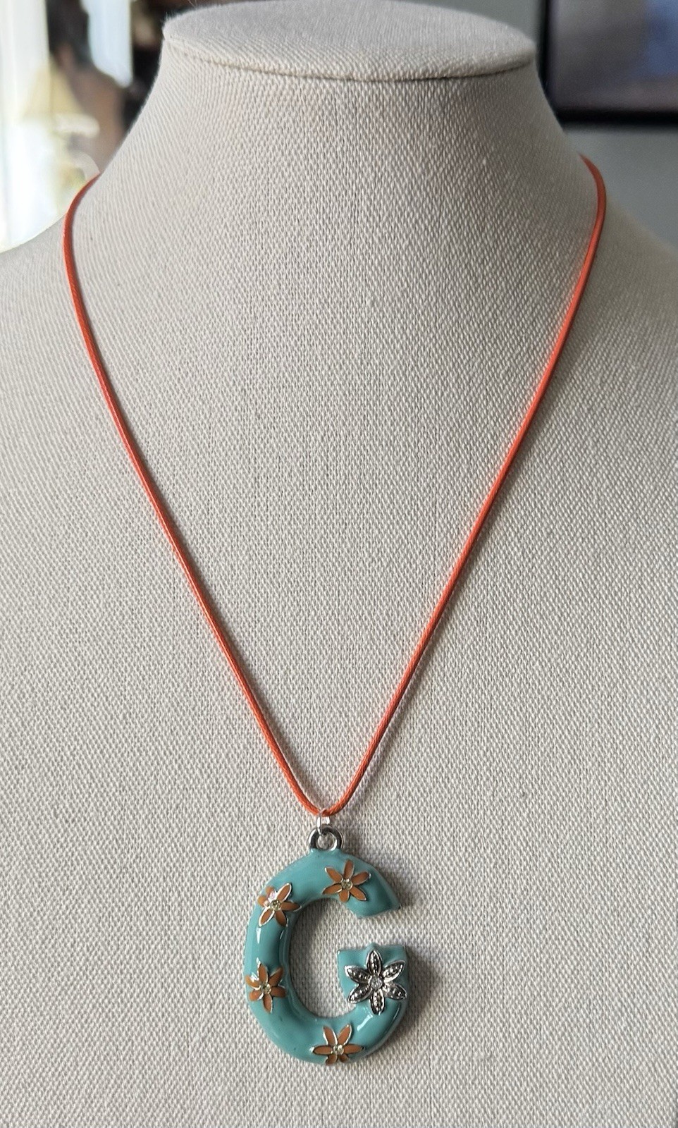 Vintage Floral Orange & Turquoise Enamel Letter G Pendant Leather Cord Necklace