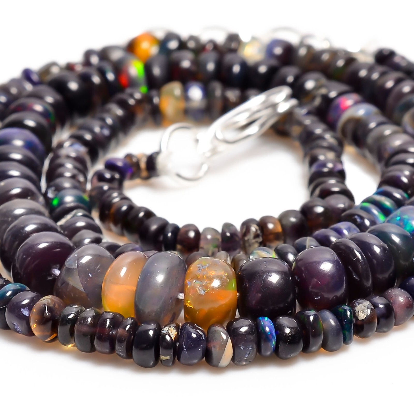 43.5 Ct Natural Black Ethiopian Opal Rondelle Smooth Beads Necklace 17-18″ A4743